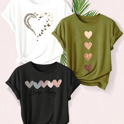 Leopard Print Small Butterfly Love Hearts in Pairs with English Letter Pattern Printed Fashion Retro Style Women's Spring, Autumn and Winter Casual Sports Top Round Neck Short Sleeve T-shirt 3pcs Combination Pack Family Pack