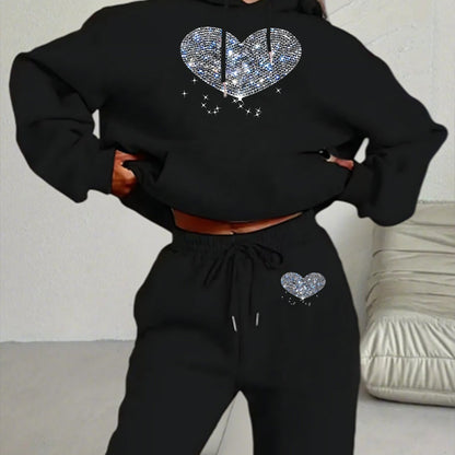 Ladies' Autumn-Winter Casual Hooded Sweatshirt and Pants Set with Shiny Heart Print | Comfortable Fleece-Like Feel, Drawstring Details