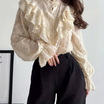 Կանացի էլեգանտ և ռոմանտիկ ռետրո ոճի, կանգնած օձիքով, ծալքավոր, հյուսվածքային կոճակներով, լայն թևքերով, ծիրանագույն վերնաշապիկ, աշնանային հավաքածու