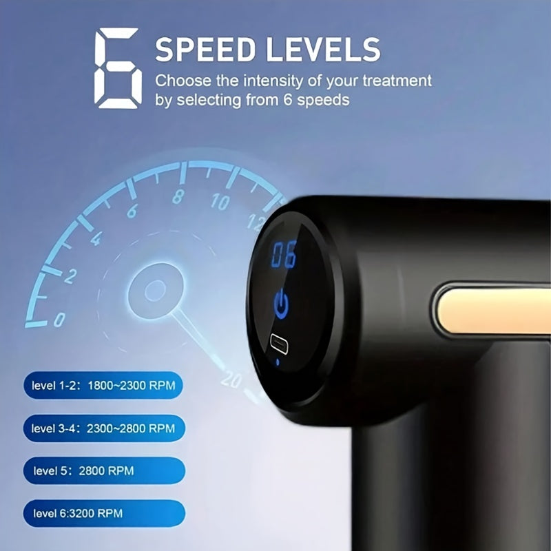 4-Head Interchangeable Massage Gun, 6 Adjustable Levels, LCD Display, Low Noise, USB Rechargeable, Perfect Holiday Gift!