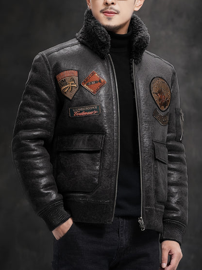 Men'S Faux Fur Lined Biker Jacket, Casual Long Sleeve Applique Air Force Style, Polyester 100% Knit Fabric, Solid Color Lapel Collar, Zipper Closure, Regular Fit for Daily & Golf Occasions - Fall/Winter Collection