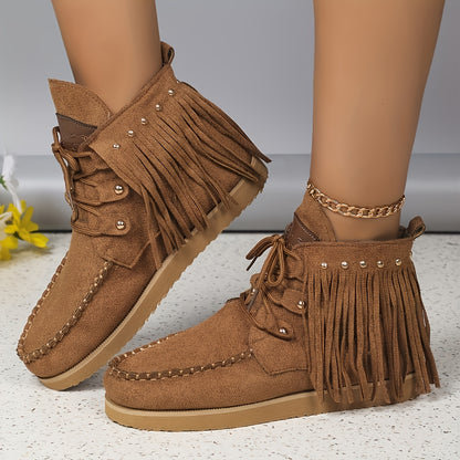 Women'S Fashion Solid Color Tassel and Rivet Chunky Sole Anti-Slip Soft Sole Chelsea Boots, Round Toe Lace-Up Zipper Western Cowboy Boots, Casual All-Season Comfort Flat Heel Dress Boots with Superfine Fiber Upper/Inner & Rub