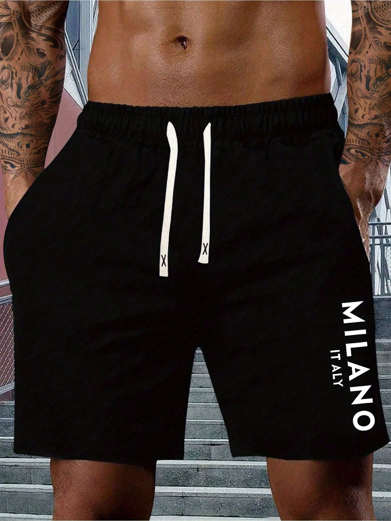 Men's Lightweight Cotton-Blend Casual Shorts with "MILANO ITALY" Print, Elastic Waistband & Drawstring, Side Pockets, Perfect for Spring & Summer Outdoor Activities, Fitness, and Vacations