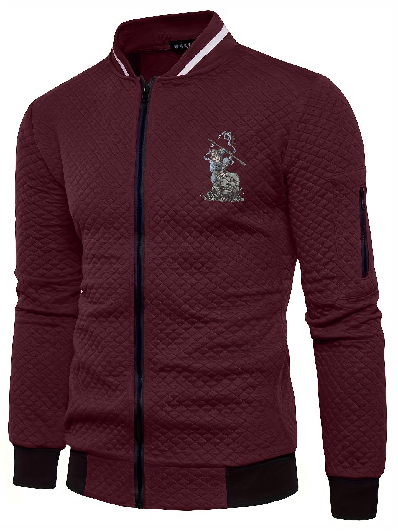 Men's Casual Stand Collar Jacket - 100% Polyester Knit Fabric with Slight Stretch, Solid Color Zippered Spring/Fall Outerwear with Cartoon Embroidery