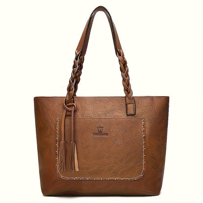 Elegant Large-Capacity Women’s PU Tote Bag with Tassel