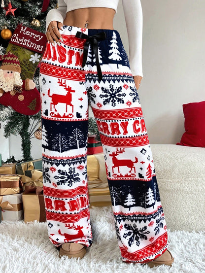 Women'S Winter Warmth Pants - Cozy Fleece-Lined Wide-Leg Trousers with Elastic Waist & Cuffed Hem, Red & Snowflake & Reindeer Print, Bohemian Style For Cold Weather, Winter Pants, Cold Weather Apparel, Soft Fabric Trousers, L