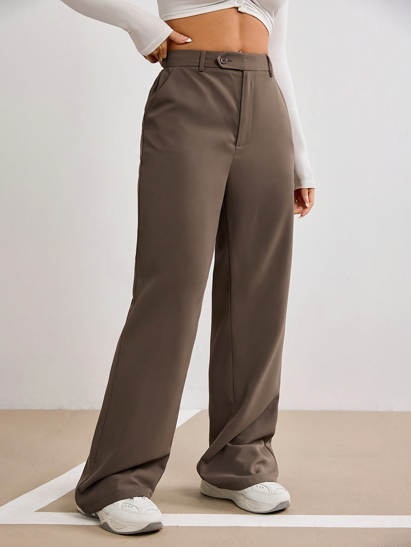 Elegant Solid Color Button-Wide Leg Suit Pants for Women, Polyester, Machine Washable