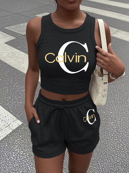 Women's Casual Two-Piece Set with Graphic Print Vest & Shorts