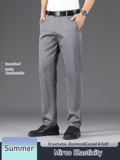 Men's Solid Color Straight Leg Business Style Cotton Blend Pants, Casual Comfy Breathable Outdoor Trousers As Gift