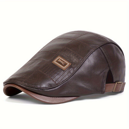 Retro Classic PU Leather Gentlemen Forward Hat, Adjustable Casual Beret For Autumn And Winter Travel