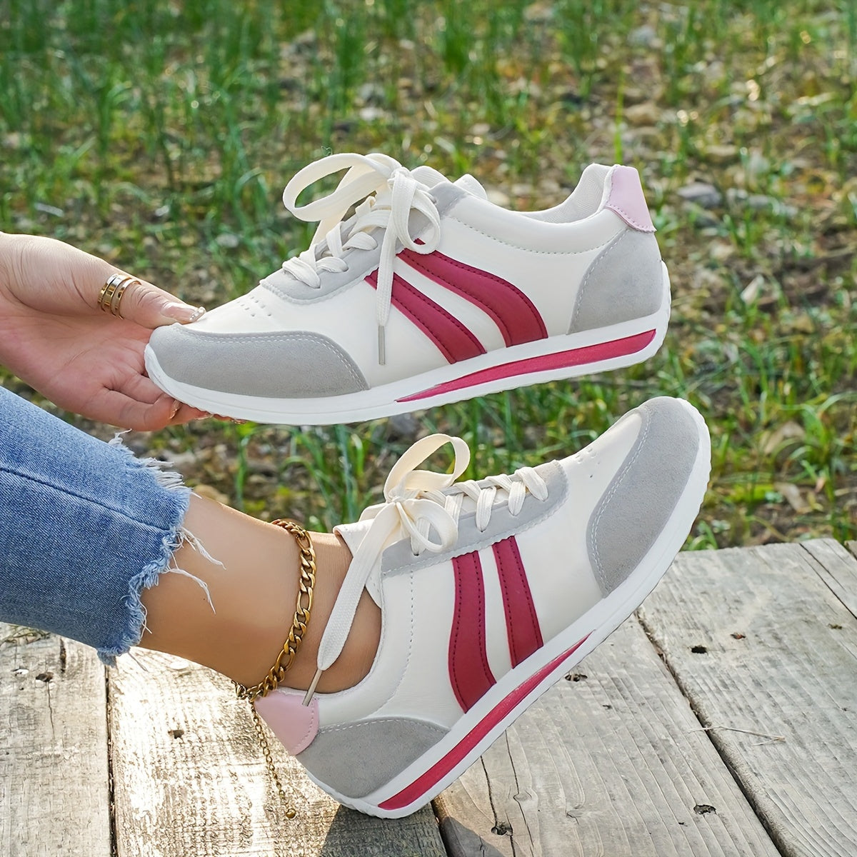 Women's Casual White Sneakers with Blue Accents - Breathable & Comfortable Lace-Up Running Shoes, Low-Top Fitness & Travel Footwear, Soft Rubber Sole, All-Season Wear