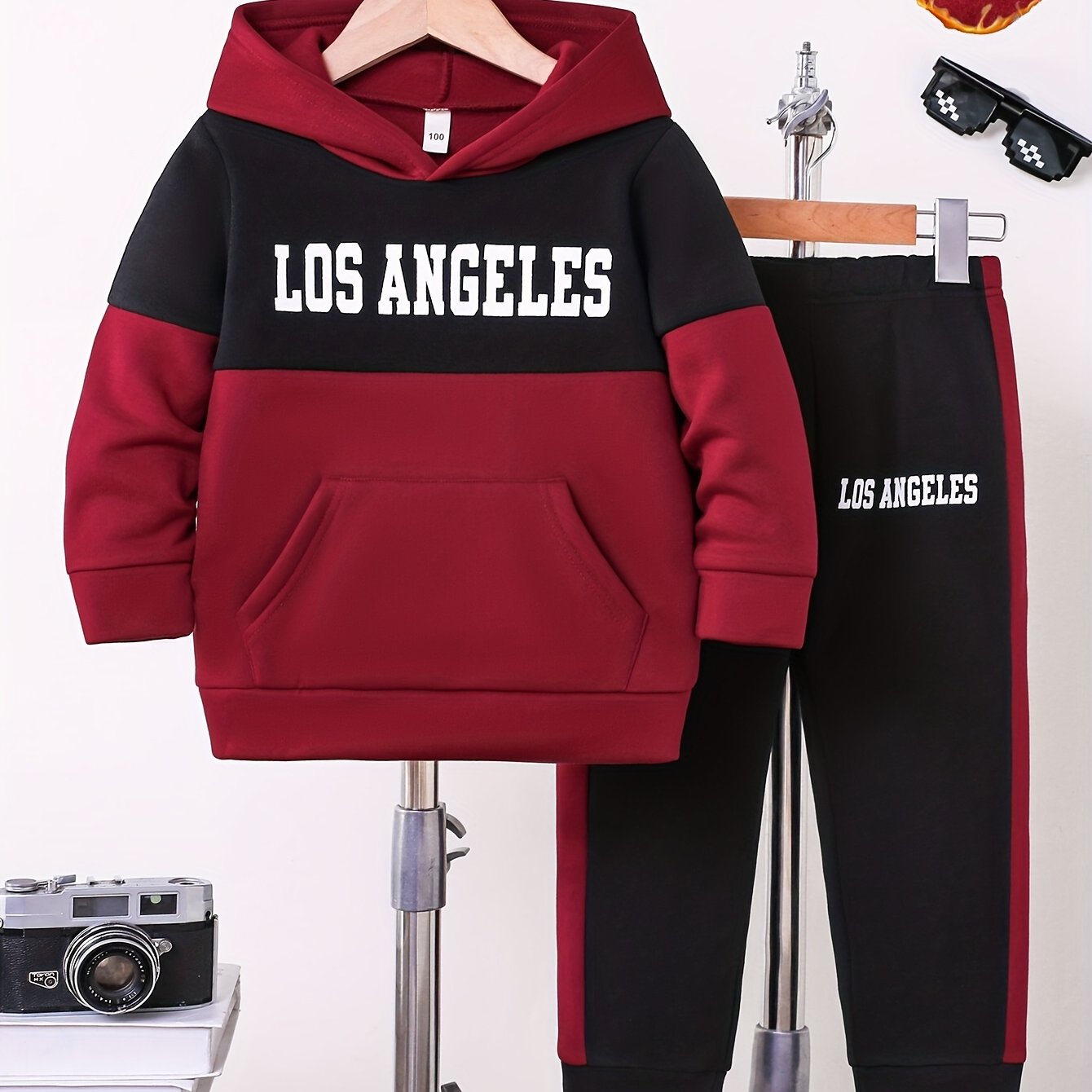 2pcs Boys' Autumn/Winter Fleece-Lined Hooded Sweatshirt and Pants Set, Simple Letter Print Fashion Classic Outfit for Outdoor Sports and Casual Wear, 100% Polyester Knit Stretch Fabric, Ideal Gift Choice for Kids, Perfect for