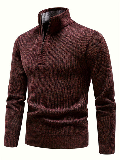 Men's Fleece-Lined Warm Knit Sweater - Autumn/Winter, Solid Color with Stand Collar & Short Zipper Placket, Long Sleeve, Polyester - Ideal for Hiking, Cycling & Casual Attire, Winter Sweater