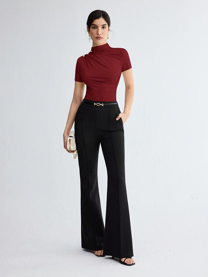 Elegant White Short Sleeve Turtleneck Top with Button Detail - Versatile Summer Blouse for Women, Casual Attire|Minimalist Style|Sleek Fit