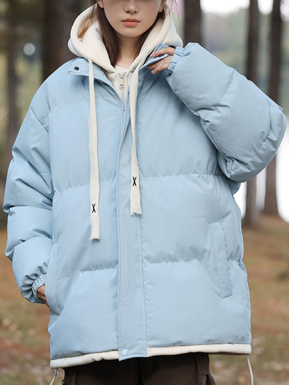 Կանացի բաց կապույտ, գլխարկով փքված բաճկոն - հարմարավետ, բրդյա ծածկույթով ձմեռային վերարկու՝ լարերով, առօրյա ոճ՝ ցուրտ եղանակի համար, ձմեռային վերարկու