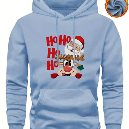 Men's Christmas Hooded Sweatshirt with Rudolph & Santa Print - Thickened Winter Pullover Hoodie, Warm Long Sleeve Casual Sweater for Skiing, Parties, Team Events - Machine Washable (Couple Matching, Unisex Style)