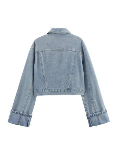 One Summer-Autumn Women's Short Rolled Sleeve Oversized Style Jacket with Contrast Stitching, Metal Buttons for Urban Street Fashion, Jackets for Women High Quality, Casual Wear, Everyday Jacket, Modern Design, Metal Detailin