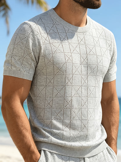 Men's Loose Fit Short Sleeve Hollow Knit Crew Neck Top