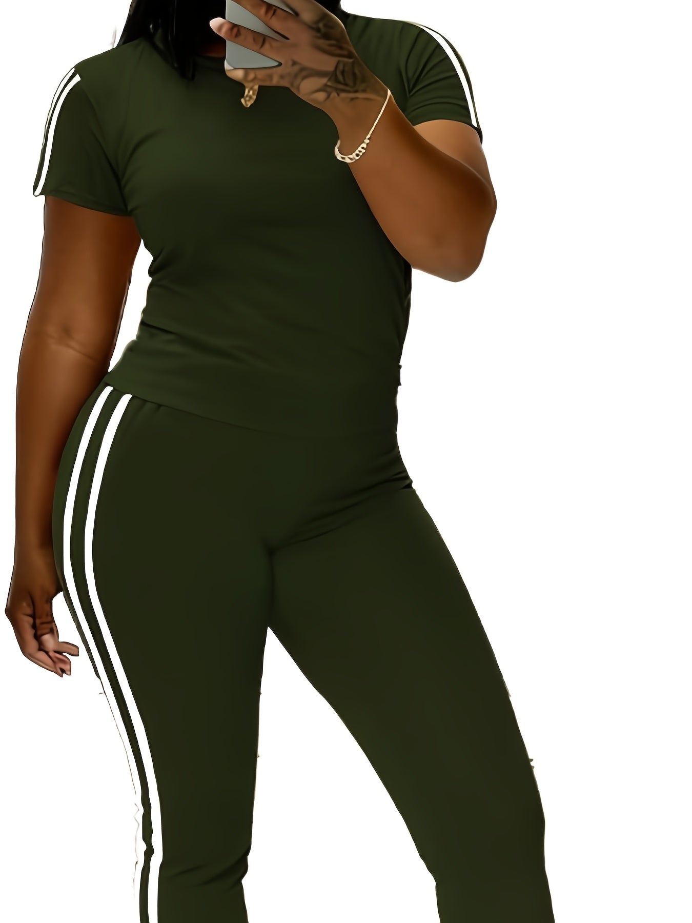 Sla Yue Lingshan Spring/Summer Solid Color Striped 2pcs Set, Women's Short Sleeve Flared Pants Suit, Slim Fit Swear, Casual Loungewear, High-Waist Slightly Flared Long Pants