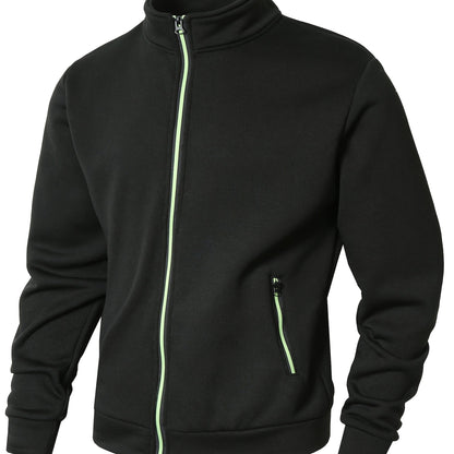 Men's Sporty Full-Zip Stand Collar Sweatshirt - Long Sleeve Casual Pullover with Neon Green Accents, Solid Color Non-Stretch Fabric, Regular Fit for Fall Winter