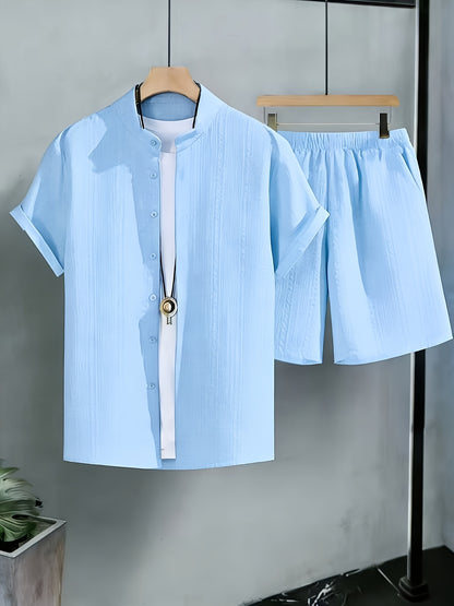 Men's Casual Summer 2-Piece Set: Stand Collar Shirt & Shorts
