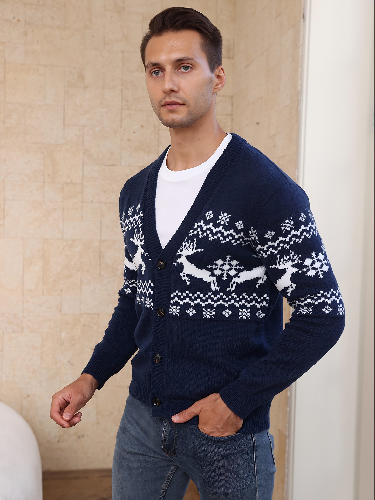 Men's Elegant Winter Sweater - Dark Brown/Black/Blue/Gray/ Navy Blue/ - Button-Up Knit Sweater with Deer & Snowflake Patterns, Long Sleeve Casual Formal Christmas Party Outfits - Spring/Fall Sweater for Everyday or Formal Eve