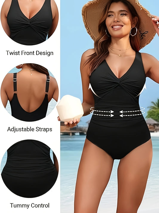 Solid Color Backless One-Piece Swimsuit with Tummy Control - ayq