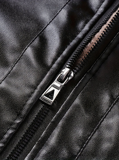 Men'S Faux Leather Jacket with Fleece Lining, a Warm Winter Coat Featuring a Stand Collar And Zip Closure, Stylish Casual Menswear, Available in Black/Brown Fashionable Motorcycle Jacket, Windproof And Warm, Perfect for Cold