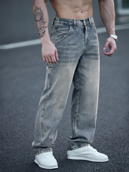 Men's Fashionable Washed Denim Wide-Leg Pants, Comfortable High-End Casual Trousers for All Seasons, Autumn-Winter, Versatile