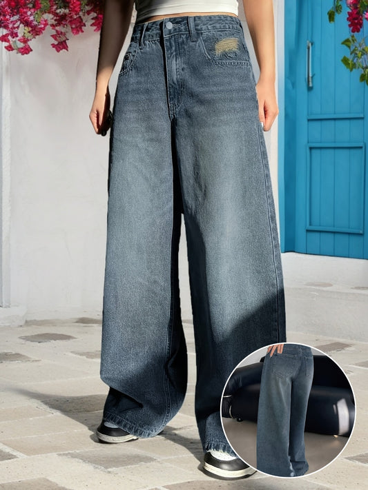 Women's Vintage Washed Blue Wide-Leg Jeans - Loose Fit, High-Rise, Zipper and Button Closure, Stretch Denim, Elegant Retro Style, Casual Wear Jeans|Elegant Retro Jeans|Durable Denim