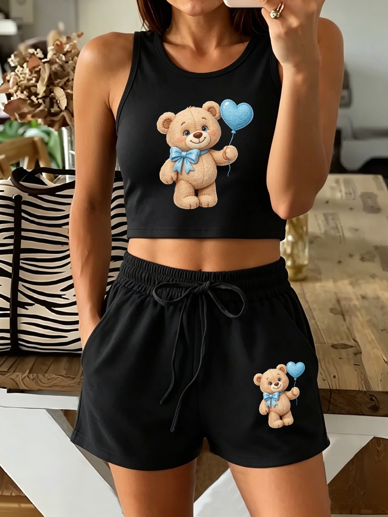 Casual Women's Two-Piece Vest and Shorts Set with Pattern Print