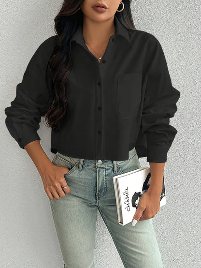 Elegant Women'S Solid Color Short Blouse with Front Pocket, 100% Polyester Woven Shirt, Versatile All-Season Top with Collared Neckline and Button-Up Closure