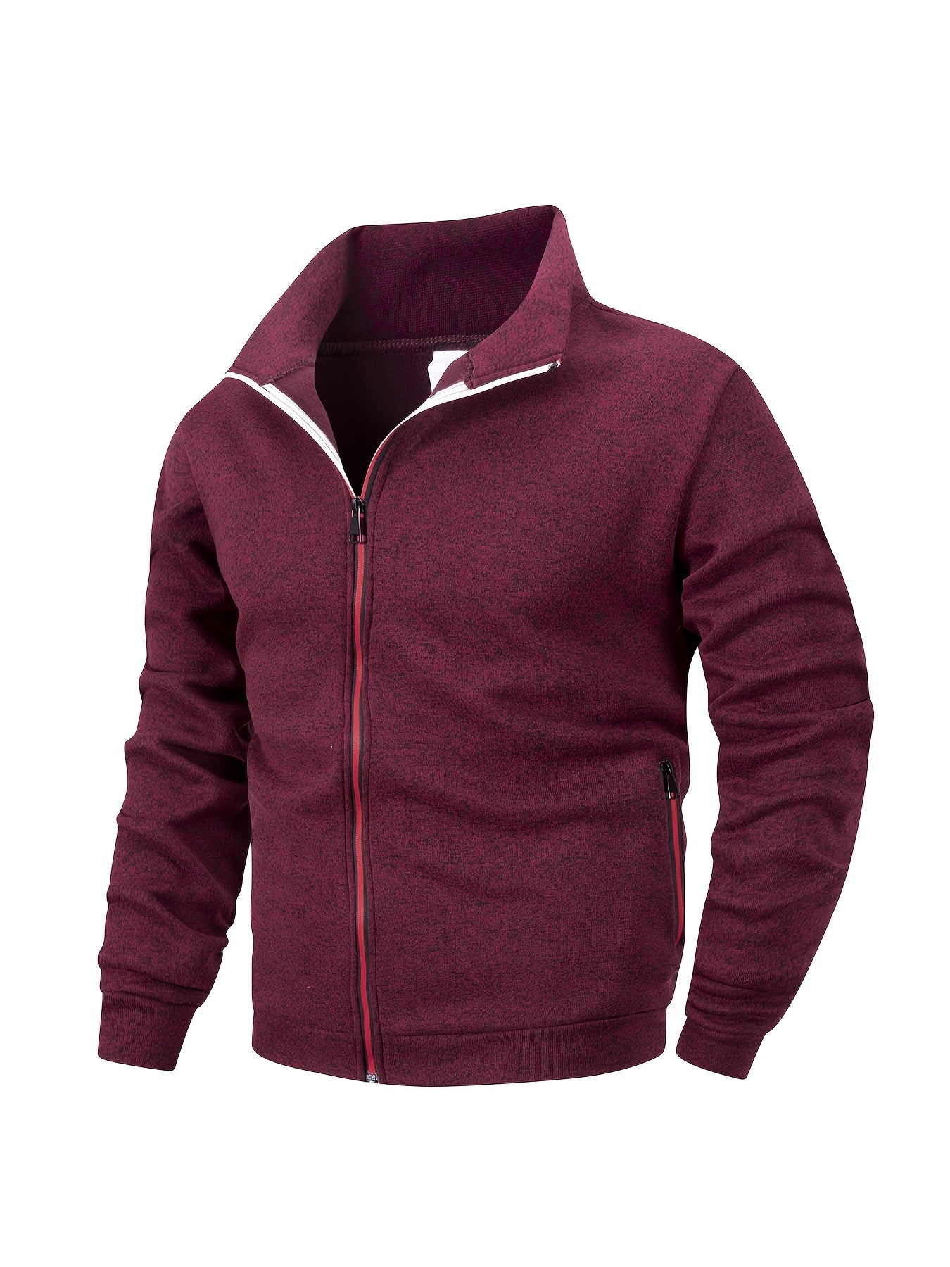 Men'S Stand Collar Zipper Jacket, Fashion Solid Color, Long Sleeve, Fleece, Soft, Casual, Polyester, with Zipper Pocket, for Daily, Sports, Fitness