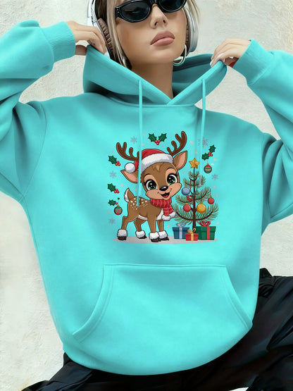 Women'S Christmas Hoodie - Thick Fleece-Lined Winter Sweatshirt with Deer & Snowflakes, Plaid Santa Hat Design, Cozy Casual Pullover for Holiday Party Outfits