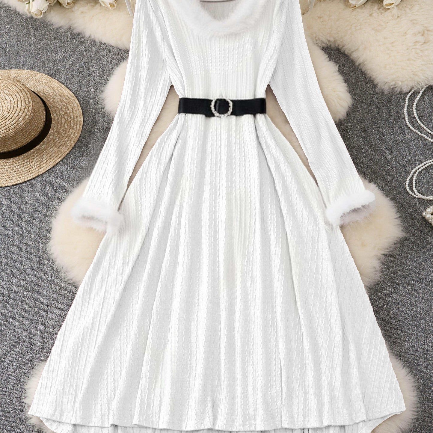 Plus Size - Plus Size, Women'S Elegant Formal Party Dress - Long Sleeve V-Neck with Adjustable Waist Belt, Flared Skirt - Elegant Evening Gown for Christmas, Galas, Weddings - Plus Size Friendly - Black Formal Attire, Formal