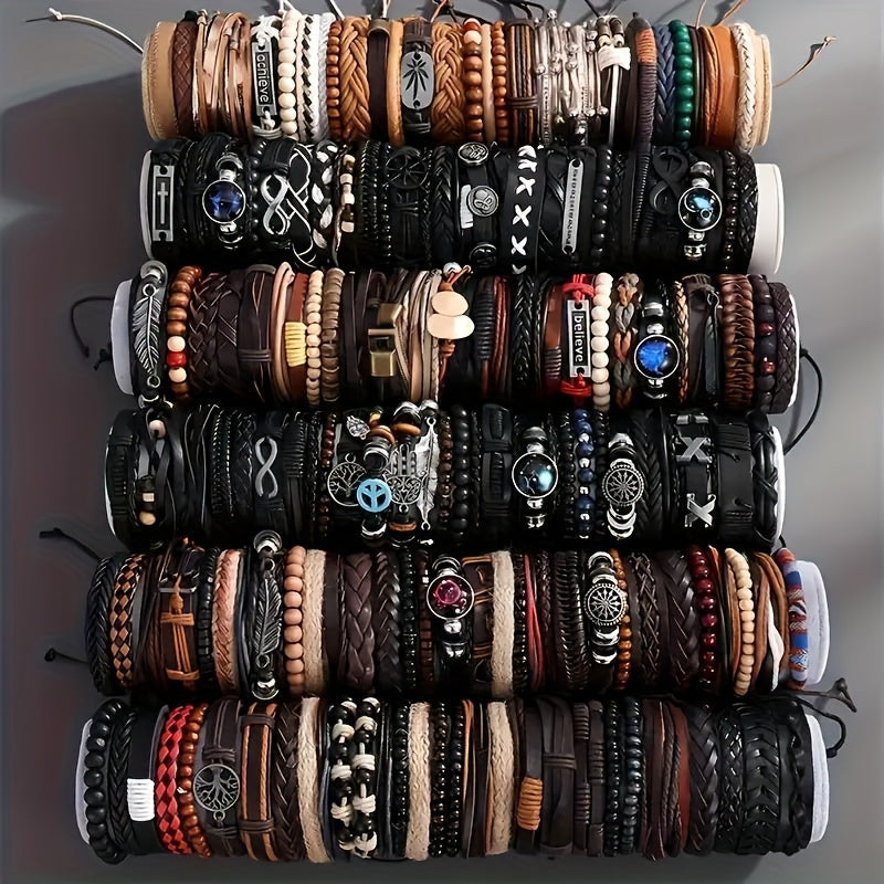 4/18/36 հատ վինտաժային նորաձևության արհեստական ​​կաշվե ապարանջան՝ արևմտյան փանկ ոճի ուլունքավոր ապարանջանով, ձեռագործ, ինքնուրույն պատրաստված պատահական ոճերով