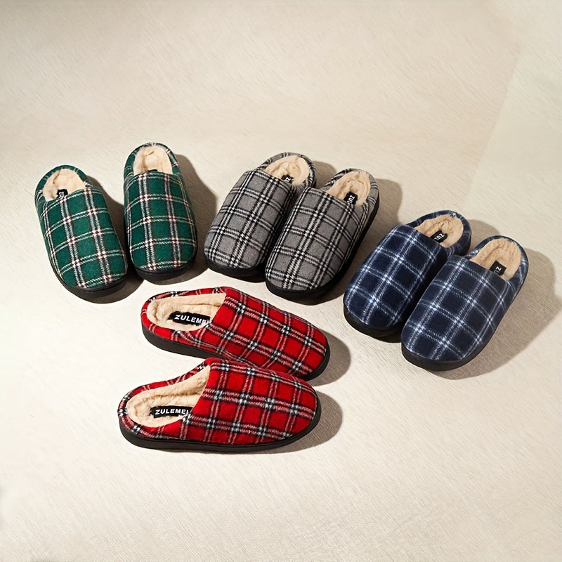 Unisex Plaid Slip-On Slippers for Men & Women - Comfortable Memory Foam Indoor/Outdoor House Shoes with TPR Sole, Warm Fabric Uppers, Blue & Red Options, Perfect for Everyday & Leisure Wear, House Slippers