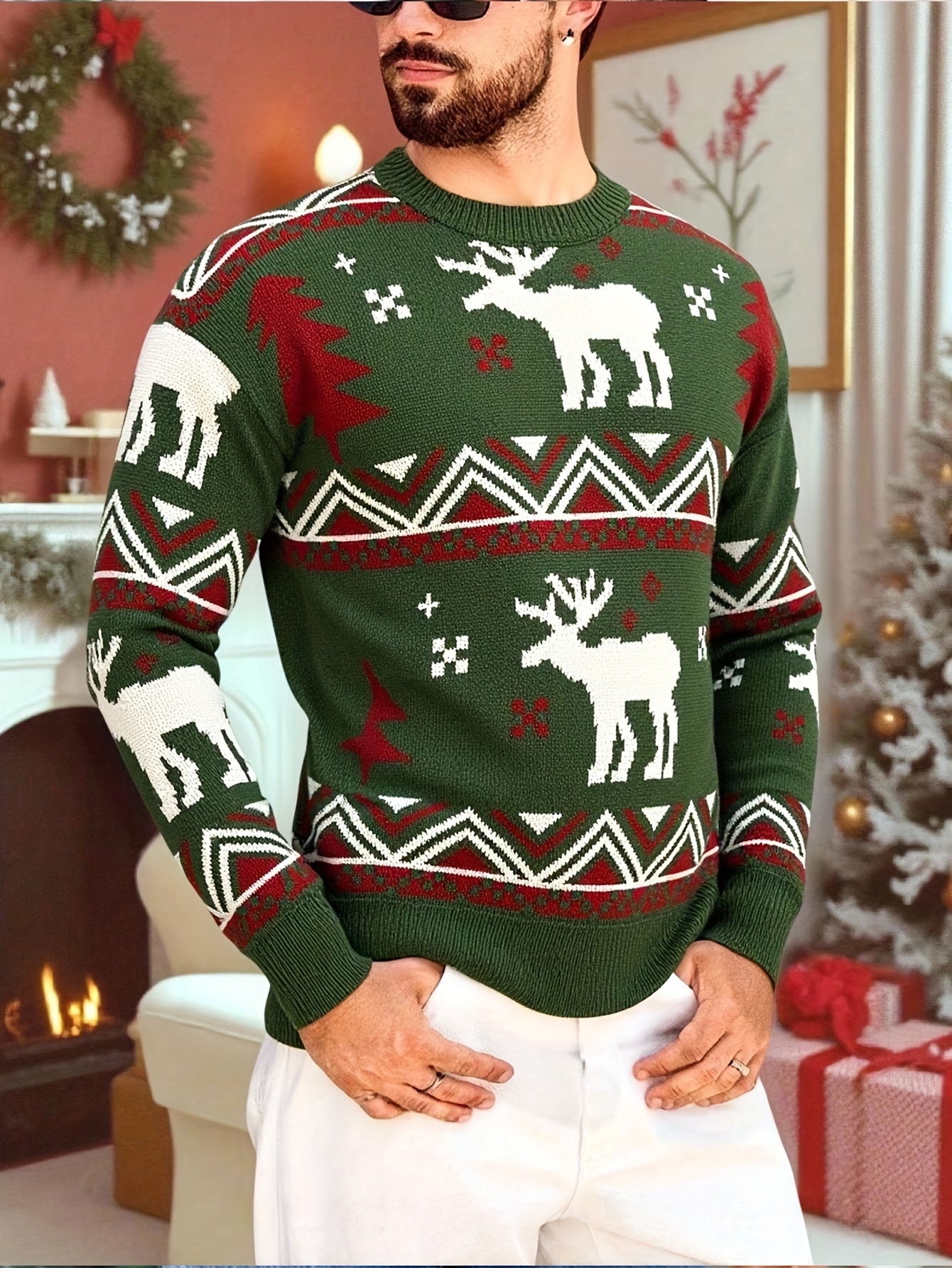 Men'S Winter Sweater - Christmas Deer & Snowflake Sweater with Red & Green Holiday Colors, Loose Fit Casual Knitwear, Drop Shoulder Long Sleeve Pullover, Soft Warm Winter Sweater for Christmas, Knit, Sweater For Men, Men Clot