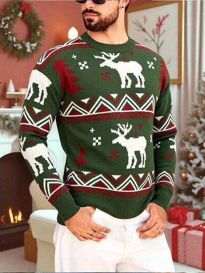 Men'S Winter Sweater - Christmas Deer & Snowflake Sweater with Red & Green Holiday Colors, Loose Fit Casual Knitwear, Drop Shoulder Long Sleeve Pullover, Soft Warm Winter Sweater for Christmas, Knit, Sweater For Men, Men Clot