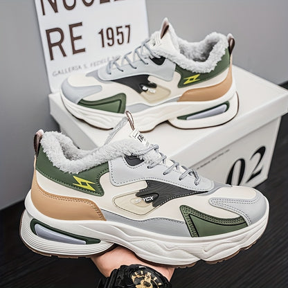 Men's Winter Sneakers with Plush Collar - Beige/Grey/Green PU Upper, Thick Rubber Sole & Traction Tread - Low-Top Lace-Up Warm Shoes for Cold Weather, Casual & Sports (White Accent)