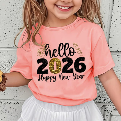 Girls' 2026 New Year T-Shirt - Hello 2026 Happy New Year Graphic Tee with Golden Number 2026, Heart, & Golden Lettering - Lightweight Summer Top for Birthday Party, Girls Clothes