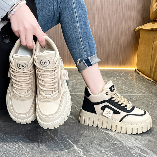1 Pair Women'S Fashion Mid-Top Casual Sneakers, PU Upper, Fabric Lining, Rubber Sole, and EVA Insole, Lace-Up Design, with All-Season Versatile Athletic Shoes