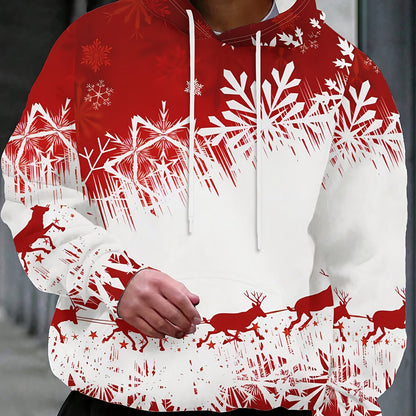 Men's Winter Red & Black Snowflake Print Hooded Sweatshirt - 100% Polyester Casual Pullover Sweater with White Piping, Relaxed Fit for Christmas & New Year's Eve Parties, Machine Washable Spring/Fall Layering Essential (Men's