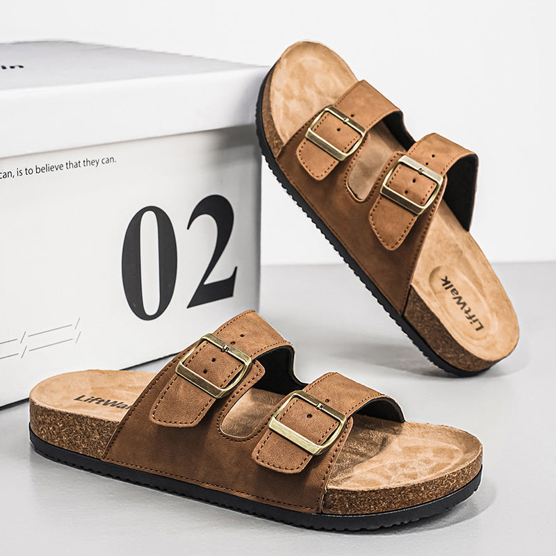 Men's Casual Outdoor Slip-On Sandals with Cork Sole and Double Buckles