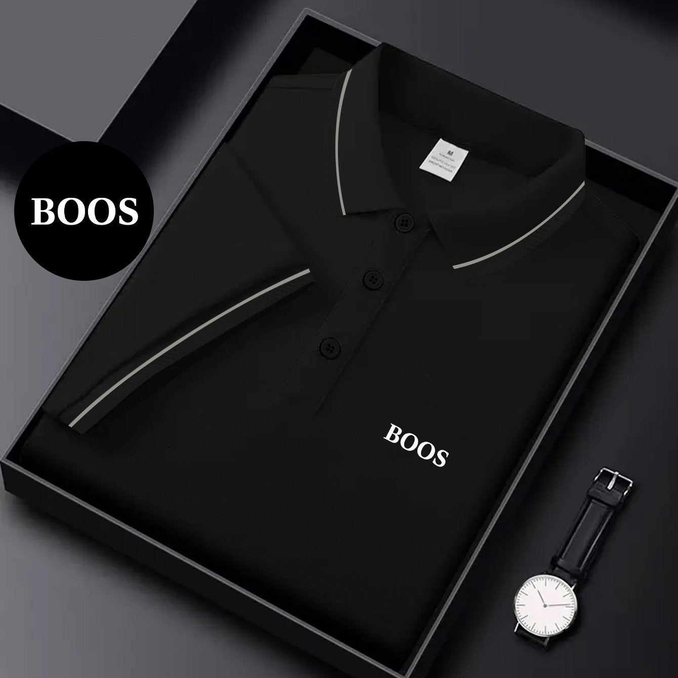 BOOS letter print, 1 premium Men's shirt, polyester fabric, regular fit, turn- collar top, summer short sleeve T-shirt, birthday gift, inner or outer wear, outdoor casual, sportswear, business casual, stylish and breathable, - ayq