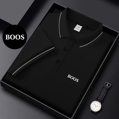 BOOS letter print, 1 premium Men's shirt, polyester fabric, regular fit, turn- collar top, summer short sleeve T-shirt, birthday gift, inner or outer wear, outdoor casual, sportswear, business casual, stylish and breathable, - ayq
