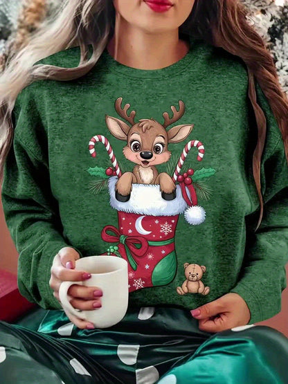 Women'S Christmas Sweater - Soft Pink Holiday Party Top with Deer in Santa Hat & Candy Cane Graphic, Cozy Long Sleeve Shirt for Christmas, New Year'S Eve, Everyday Winter Outfits - Sizes S-XXL (Extended Sizes Available) - Non