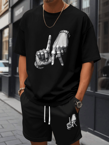 New Summer Men's Printed 2pcs Fashion Casual Suit, Round Neck Short Sleeve T-shirt and Waistband Shorts Set