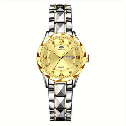 1pc Women's Stainless Steel Watch with Luminous Blue Dial, Date & Day Display, High Quality IPX7, Quartz Movement - Casual Elegant Design for Sports & Travel, Birthday Holiday Gift, Casual Attire, Secure Clasp Wristwatch