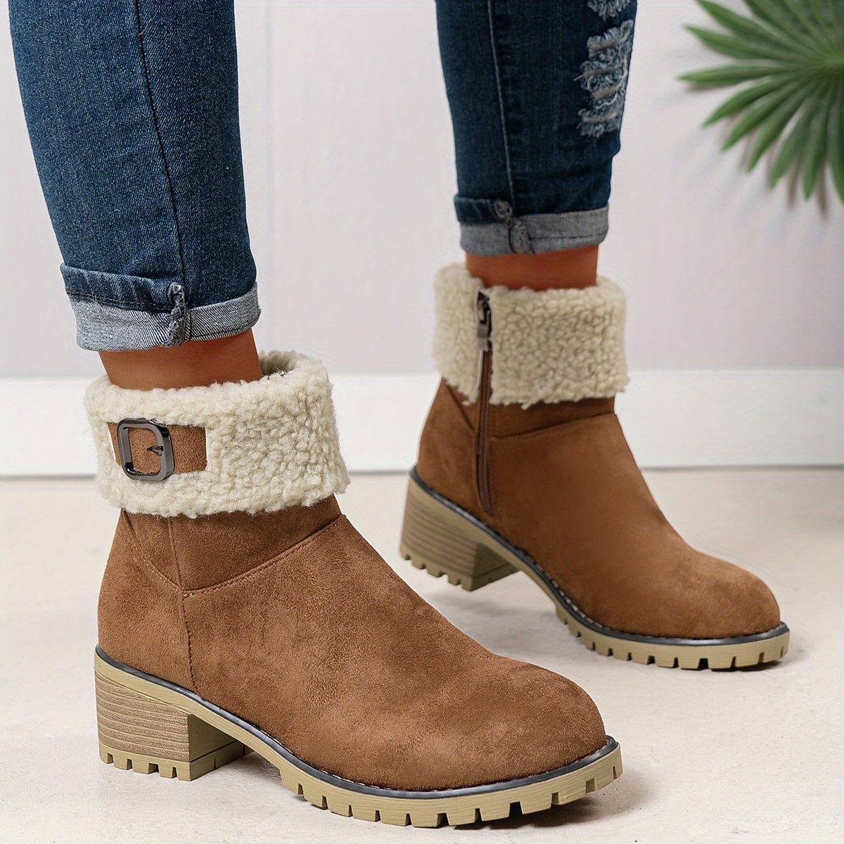 Chunky And Clssic Women'S Ankle Boots, Comfortable And Elegent Woemen Shoes. Warmth Khaki、Black And Beige Winter Women' Boots. Solid-Colored. Fleece-Lined Boots, Heighten And Non-Slip Lighhtweight Shoes with Cute Round Toe.